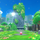 Kirby walks down an overgrown street toward a bunch of exploded abandoned buildings in Kirby and the Forgotten Land.